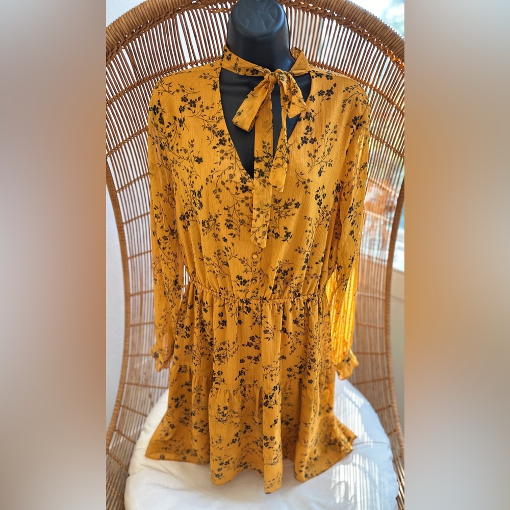 Nanette Lepore Sz 10 Colonel Mustard Floral High Neck Dress With Neck Tie